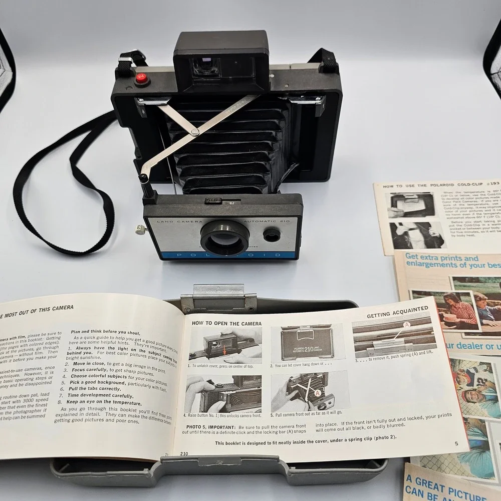 Vintage Polaroid Automatic 210 Land Camera Instant Film Kit with Flash & Manuals
